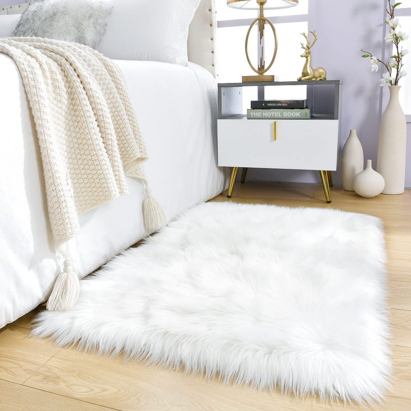 Noahas White Faux Fur Rug,Luxury Fluffy Rugs for Bedroom,2 x 4 Feet Washable Area Rugs,Sheepskin Bedroom Rug,Furry Carpet Small Shag Rug,Soft Throw Rugs for Living Room Decor - Image 2